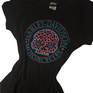 Harley-Davidson Black Tee with Pink and Blue Skull Design